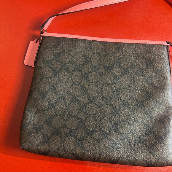 Coach Signature File Bag F34938 Pink Crossbody Brown Black PVC - Picture 6 of 9